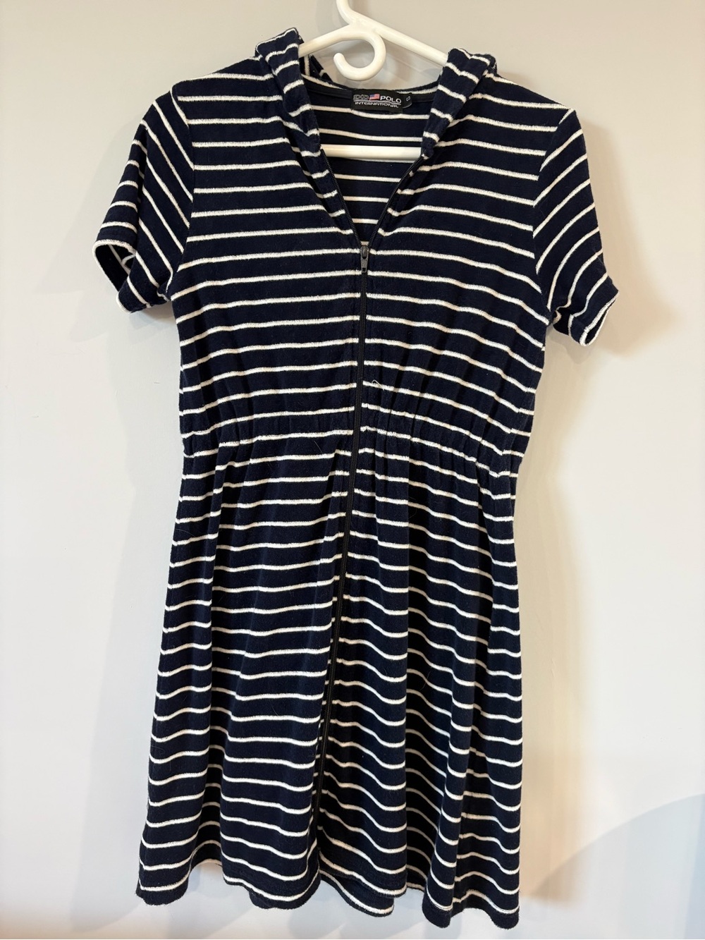 Striped Navy and White Vintage Hooded Zip-Front Short Sleeve Coverup Dress